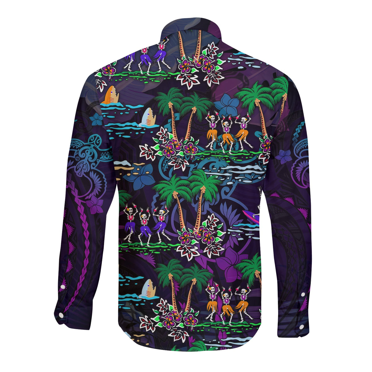 Hawaii Skeleton Dancing Long Sleeve Button Shirt Halloween Hawaiian Turtle LT13 - Wonder Print Shop