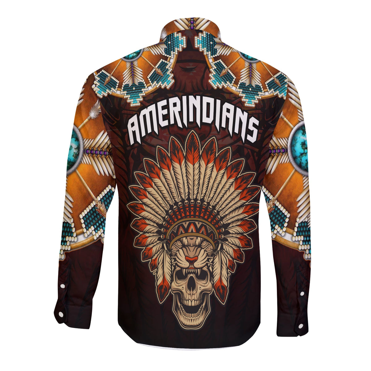 The First Americans Long Sleeve Button Shirt Indian Headdress With Skull LT13 - Wonder Print Shop