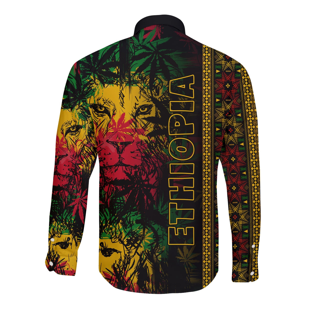 Ethiopia Lion Reggae Hawaii Long Sleeve Button Shirt Ethiopian Cross LT13 - Wonder Print Shop