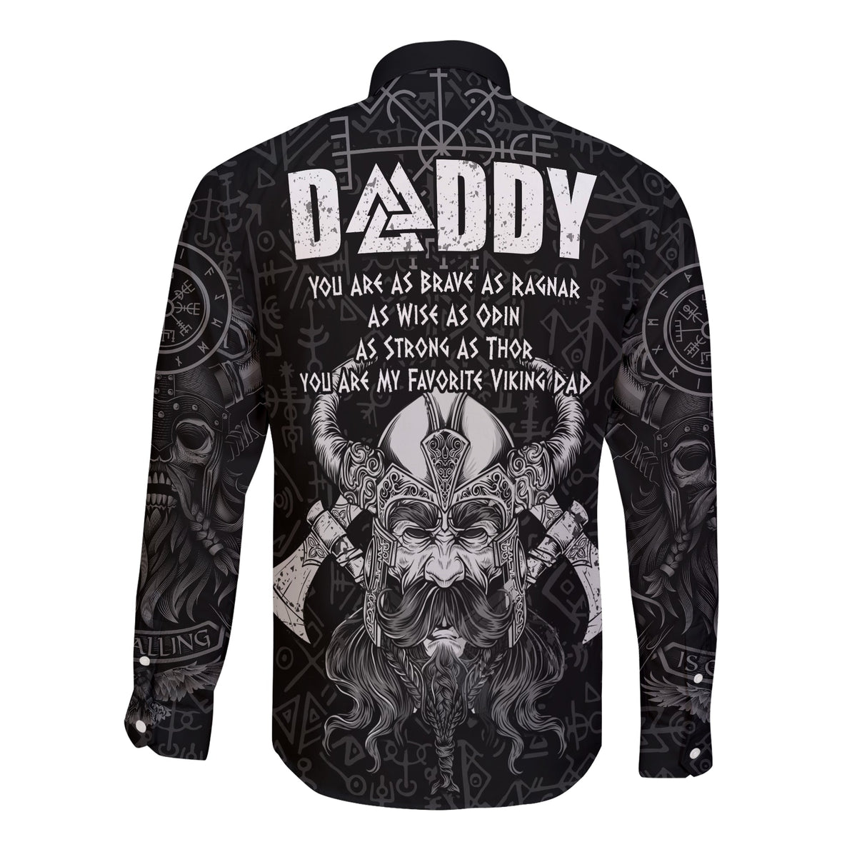 Black long-sleeve button shirt with “DADDY” back text and Odin rune viking graphic