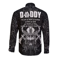 Black long-sleeve button shirt with “DADDY” back text and Odin rune viking graphic
