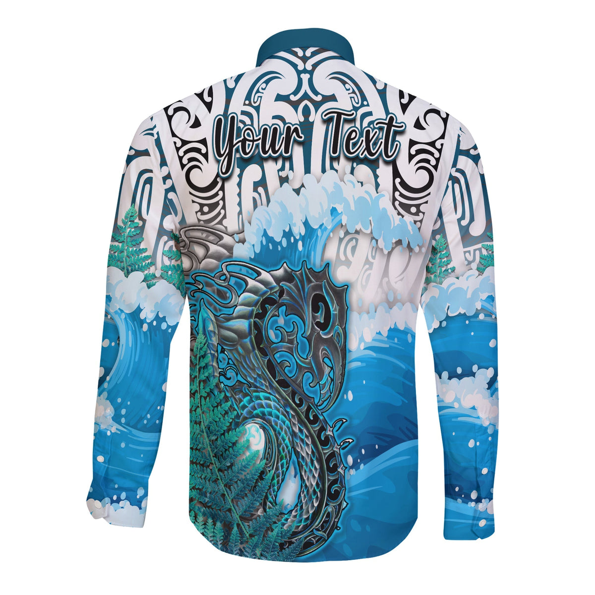 Custom Personalised Manaia Maori Long Sleeve Button Shirt Fern Aotearoa Blue Waves LT13 - Wonder Print Shop