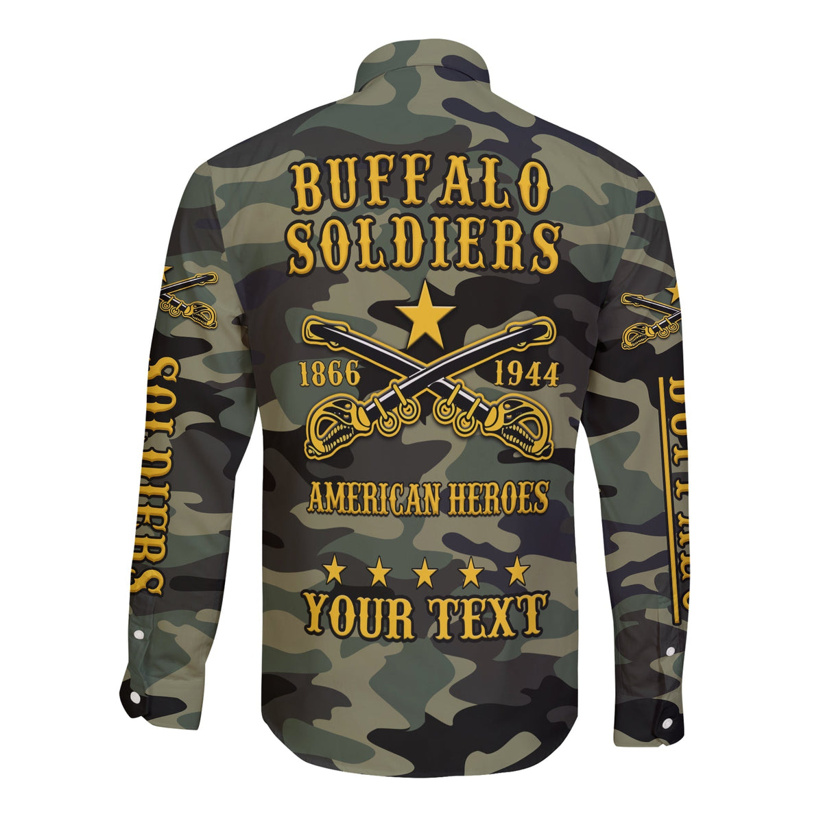 (Custom Text and Chapter) Buffalo Soldiers Long Sleeve Button Shirt Camouflage American Heroes BSMC LT13 - Wonder Print Shop