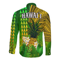Hawaii Pineapple Long Sleeve Button Shirt Plumeria Frangipani Mix Tribal Pattern LT13 - Wonder Print Shop