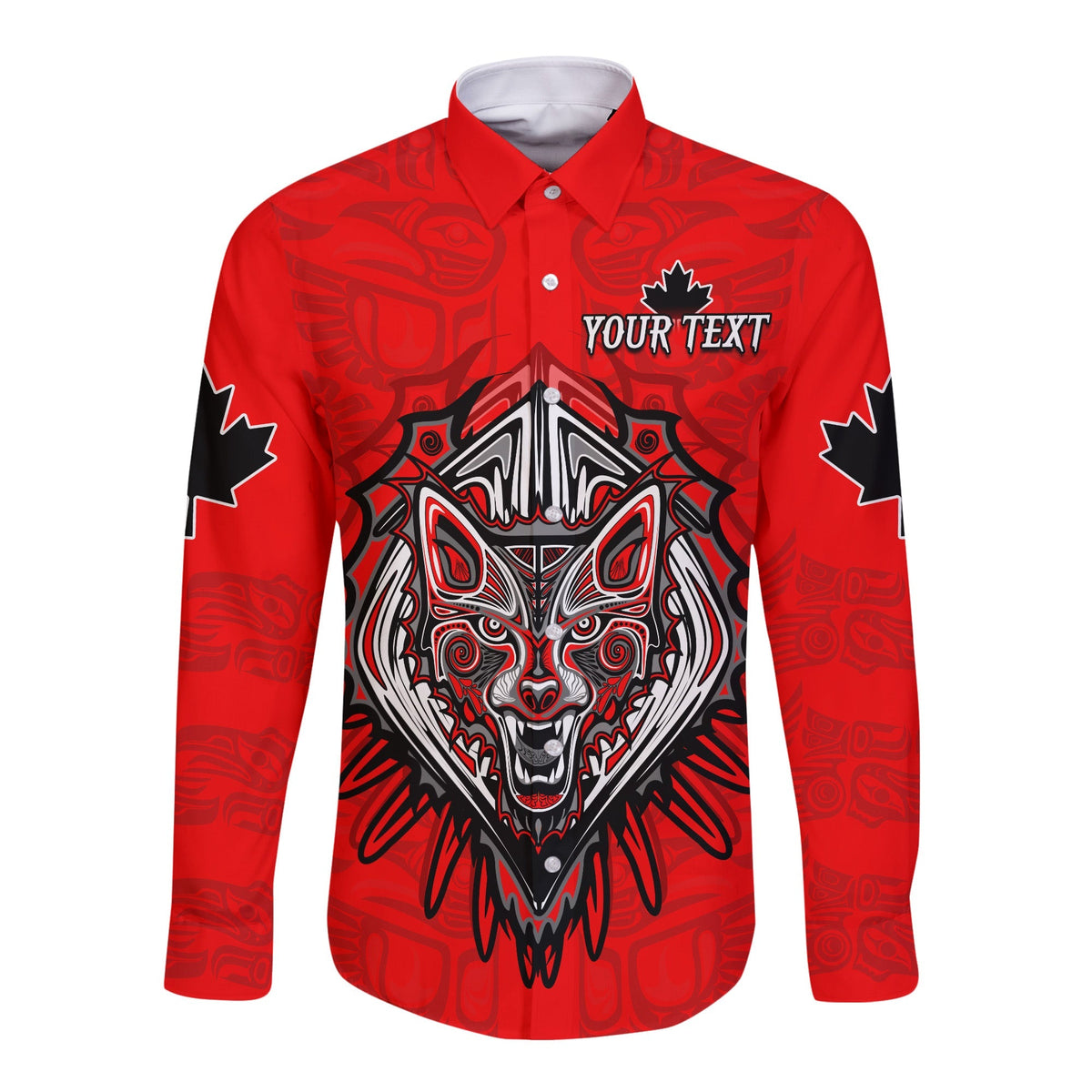 (Custom Personalised) Canada Maple Leaf Long Sleeve Button Shirt Red Haida Wolf LT13 - Wonder Print Shop