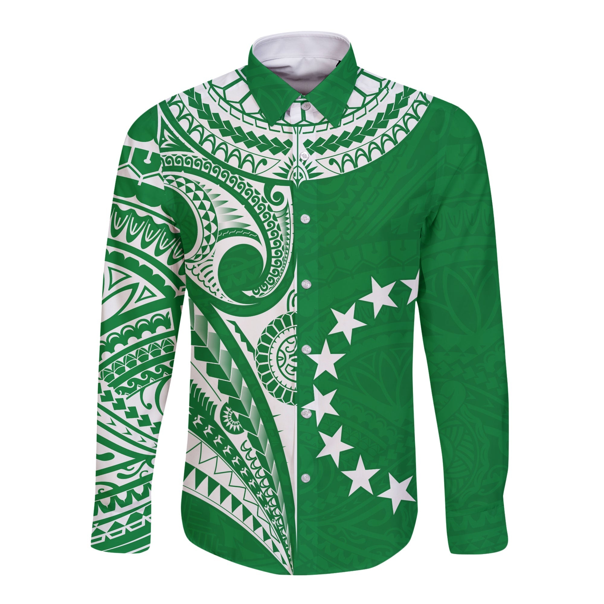 Cook Islands Tatau Long Sleeve Button Shirt Symbolize Passion Stars Version Green LT13 - Wonder Print Shop