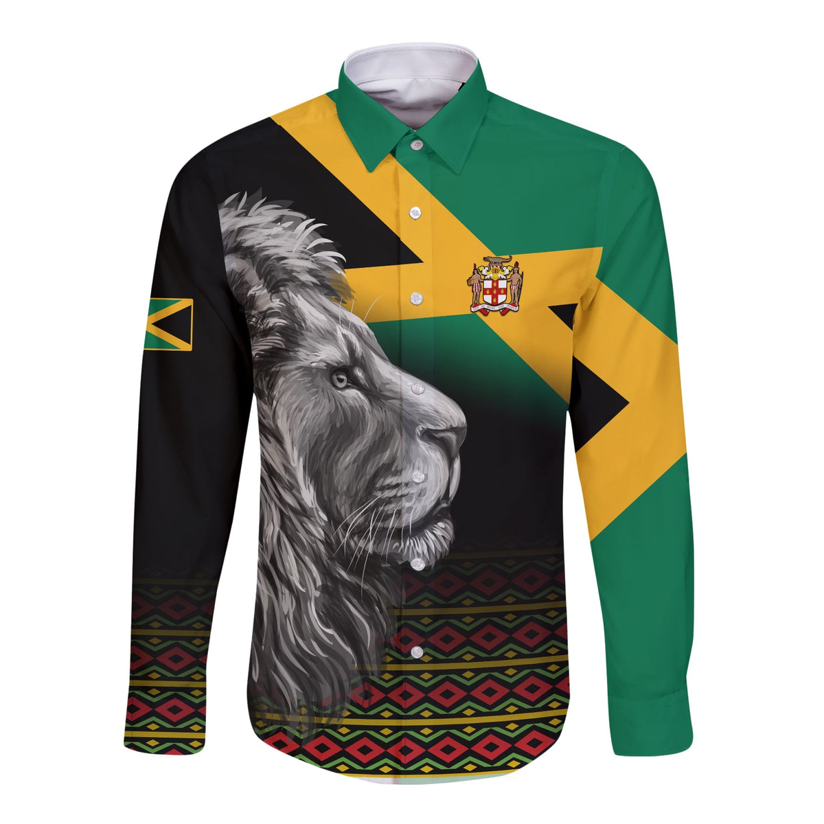 (Custom Personalised) Jamaica Lion Hawaii Long Sleeve Button Shirt Jamaican Pattern Version Black LT13 - Wonder Print Shop