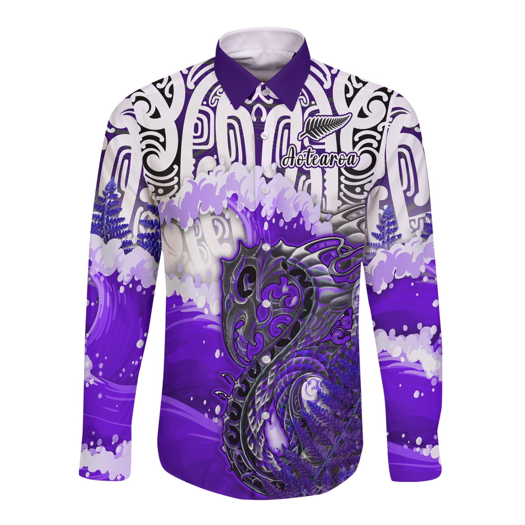 Custom Personalised Manaia Maori Long Sleeve Button Shirt Fern Aotearoa Purple Waves LT13 - Wonder Print Shop