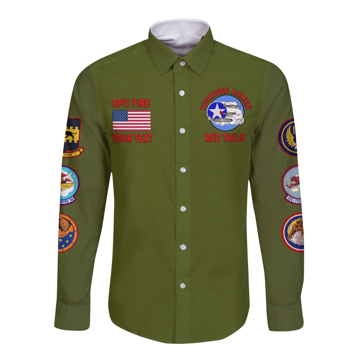 (Custom Personalised) Tuskegee Airmen Long Sleeve Button Shirt US Military Army Green Red Tails LT13 - Wonder Print Shop