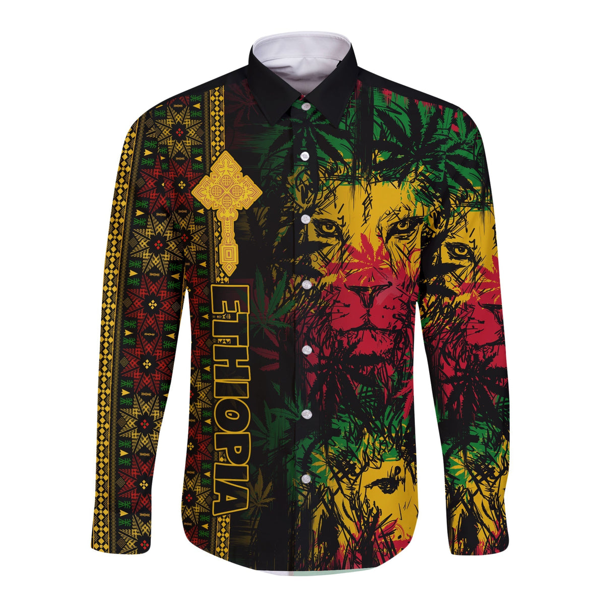 (Custom Personalised) Ethiopia Lion Reggae Hawaii Long Sleeve Button Shirt Ethiopian Cross LT13 - Wonder Print Shop