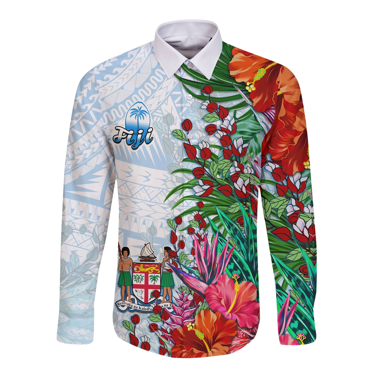 Fiji Long Sleeve Button Shirt Proud Fijian Tapa mix Tagimoucia Flowers LT13 - Wonder Print Shop