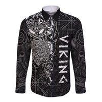 Black long-sleeve button shirt with Odin rune and viking warrior print