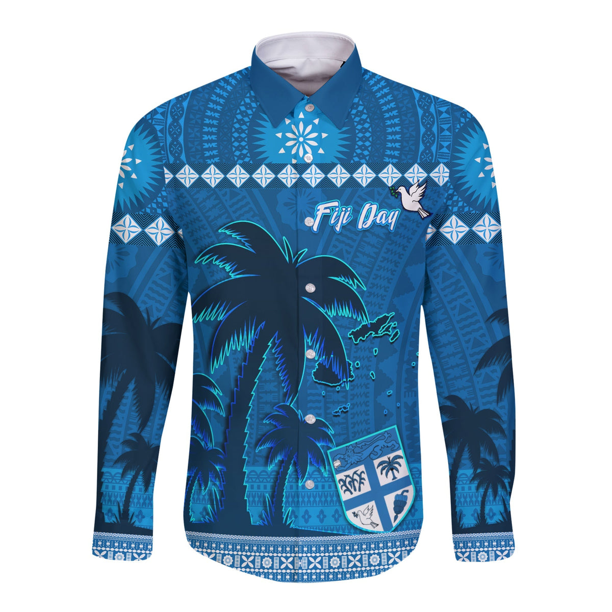 Bula Fiji Day Long Sleeve Button Shirt Fijian Tapa with Palm Tree 52nd Anniversary LT13 - Wonder Print Shop