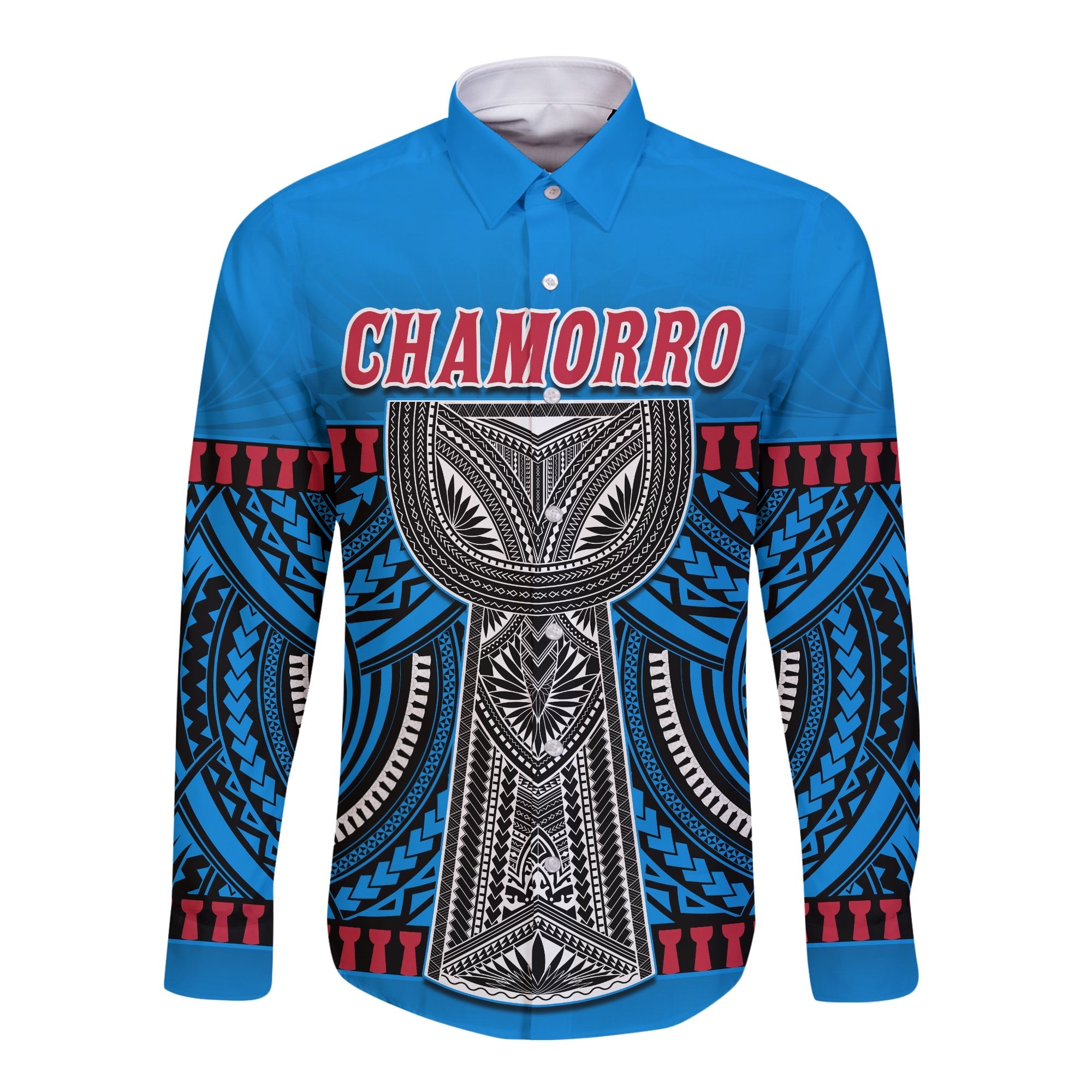 Guam Chamorro Long Sleeve Button Shirt Latte Stone Blue Polynesian Haligi LT13 - Wonder Print Shop