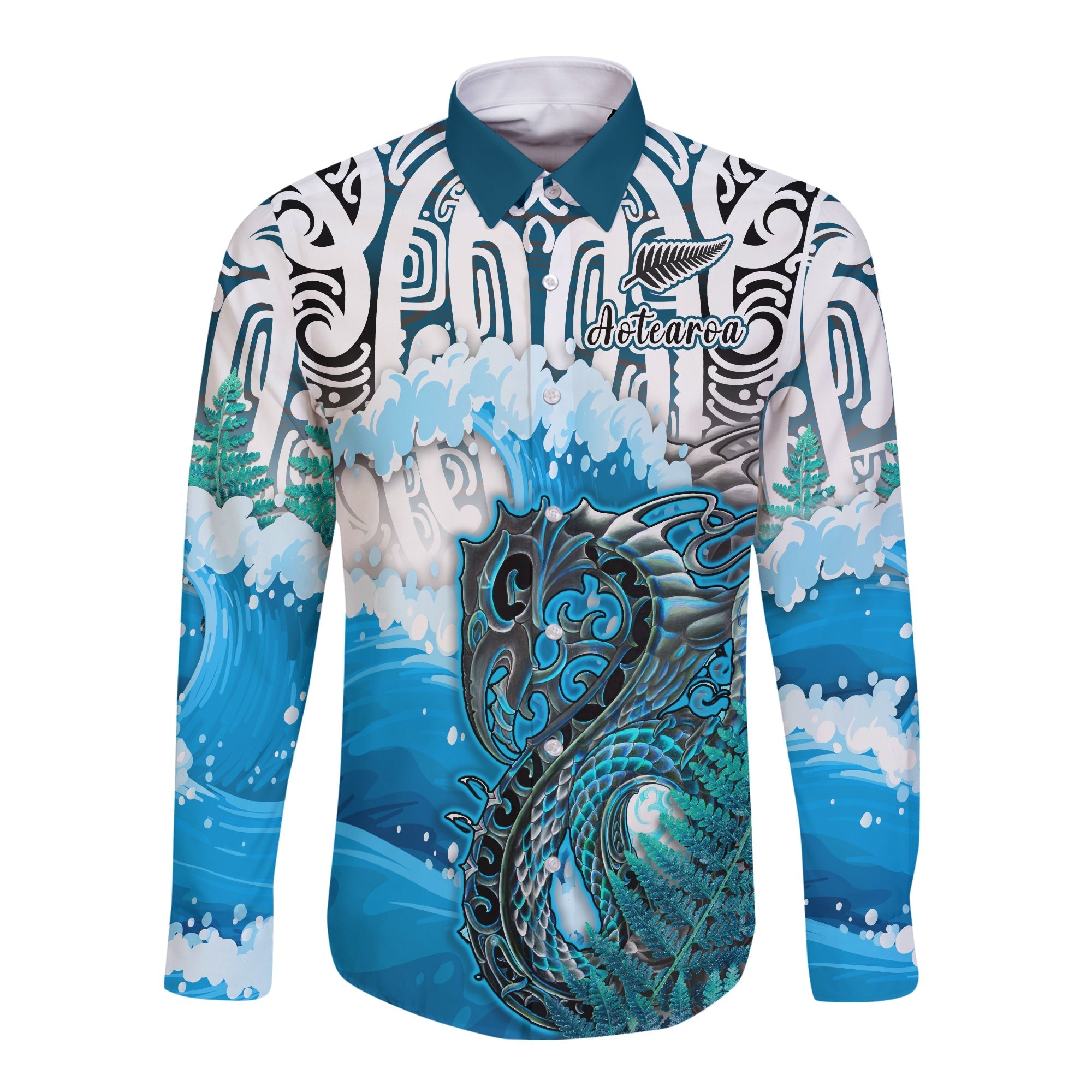 Custom Personalised Manaia Maori Long Sleeve Button Shirt Fern Aotearoa Blue Waves LT13 - Wonder Print Shop