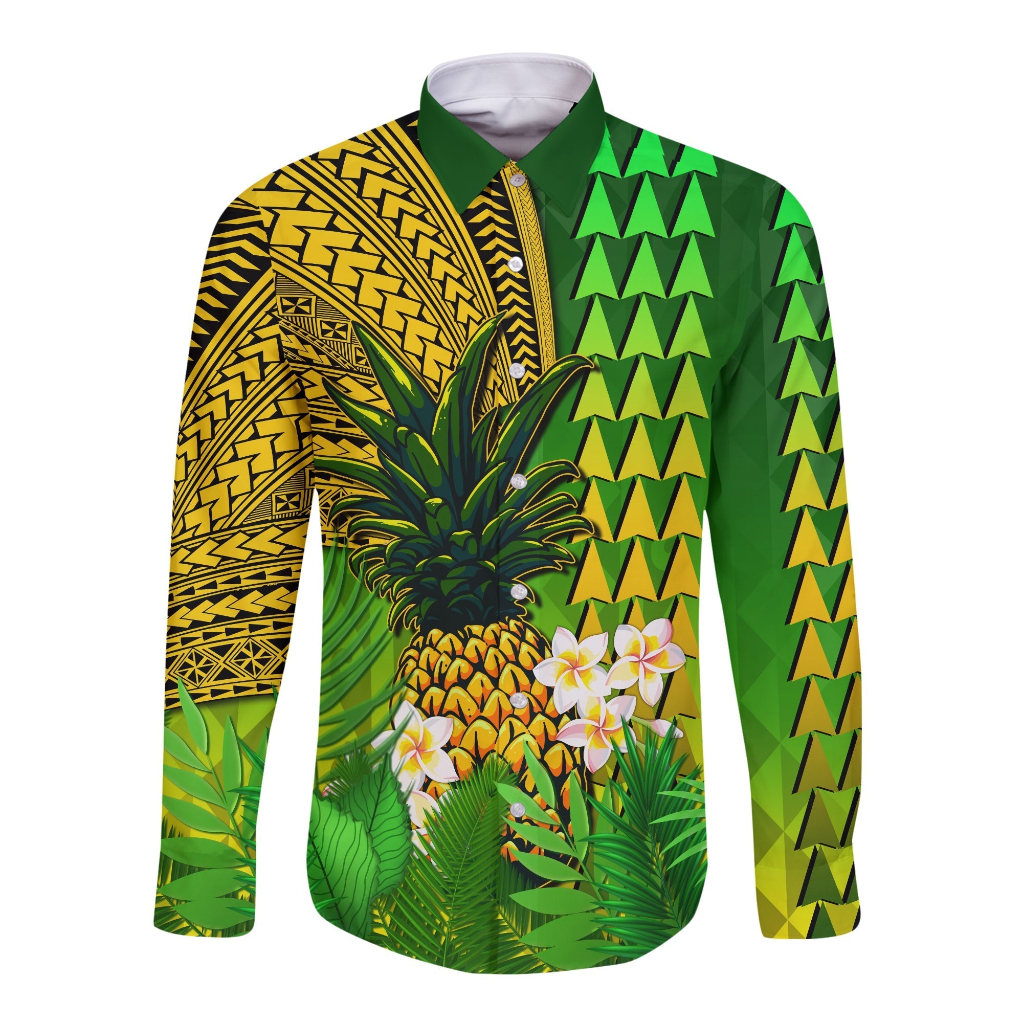 Hawaii Pineapple Long Sleeve Button Shirt Plumeria Frangipani Mix Tribal Pattern LT13 - Wonder Print Shop