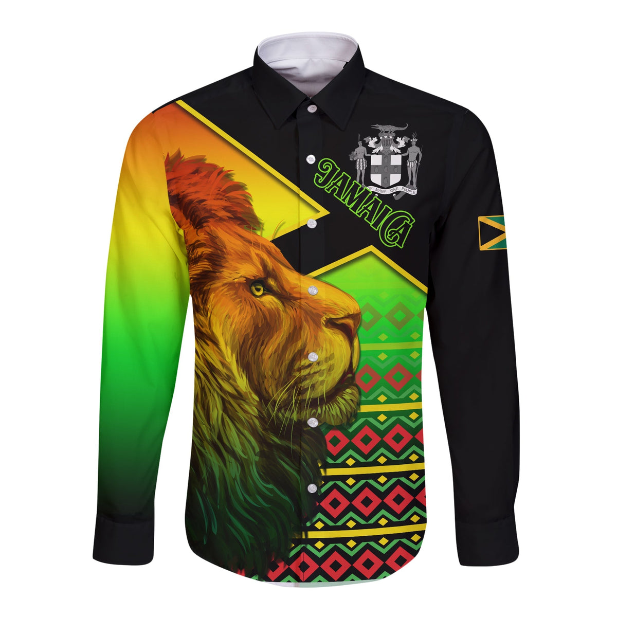 Jamaica Lion Hawaii Long Sleeve Button Shirt Jamaican Pattern Version Reggae Colors LT13 - Wonder Print Shop
