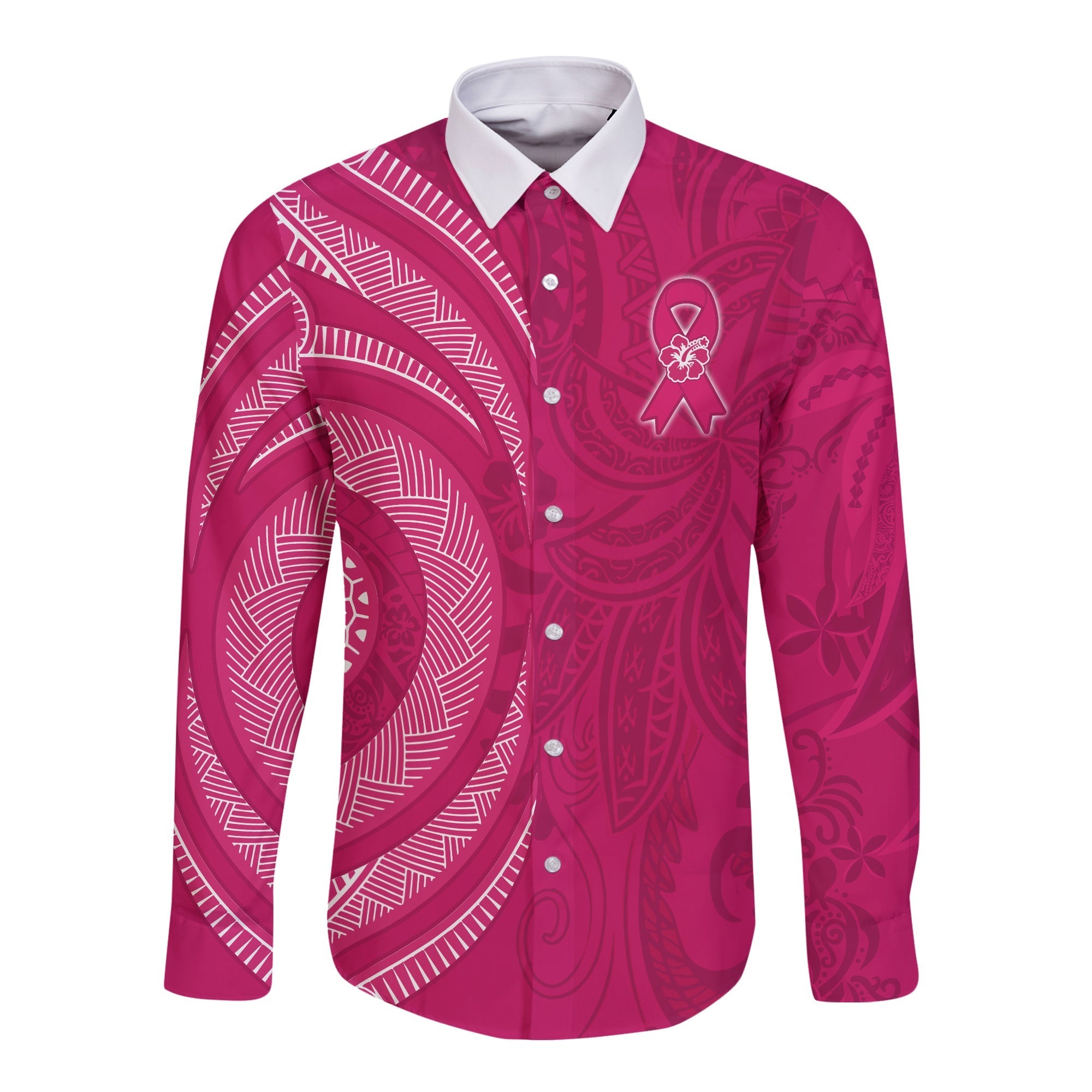 Breast Cancer Awareness Long Sleeve Button Shirt Hibiscus Polynesian No One Fights Alone LT13 - Wonder Print Shop