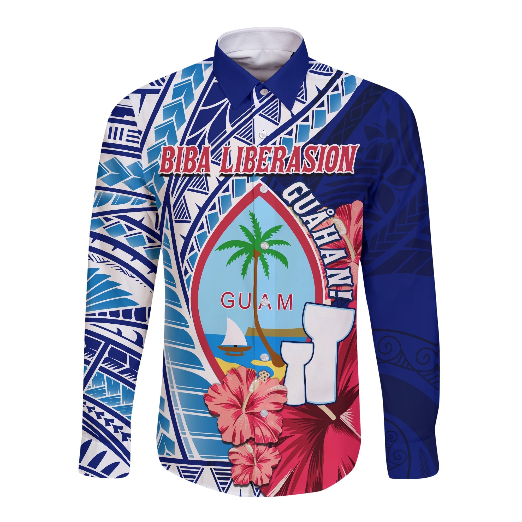 Guam Chamorro Long Sleeve Button Shirt Happy Liberation Day Latte Stone LT13 - Wonder Print Shop