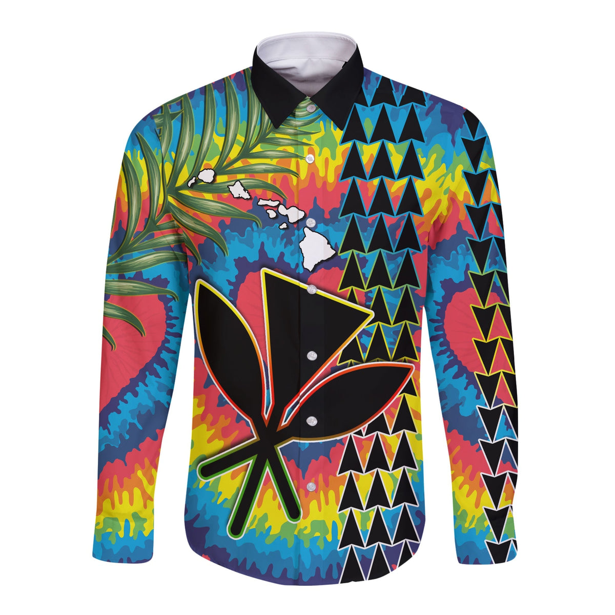 (Custom Personalised) Hawaii Rainbow Tie Dye Long Sleeve Button Shirt Flowers Polynesian Hawaiian Tribal LT13 - Wonder Print Shop