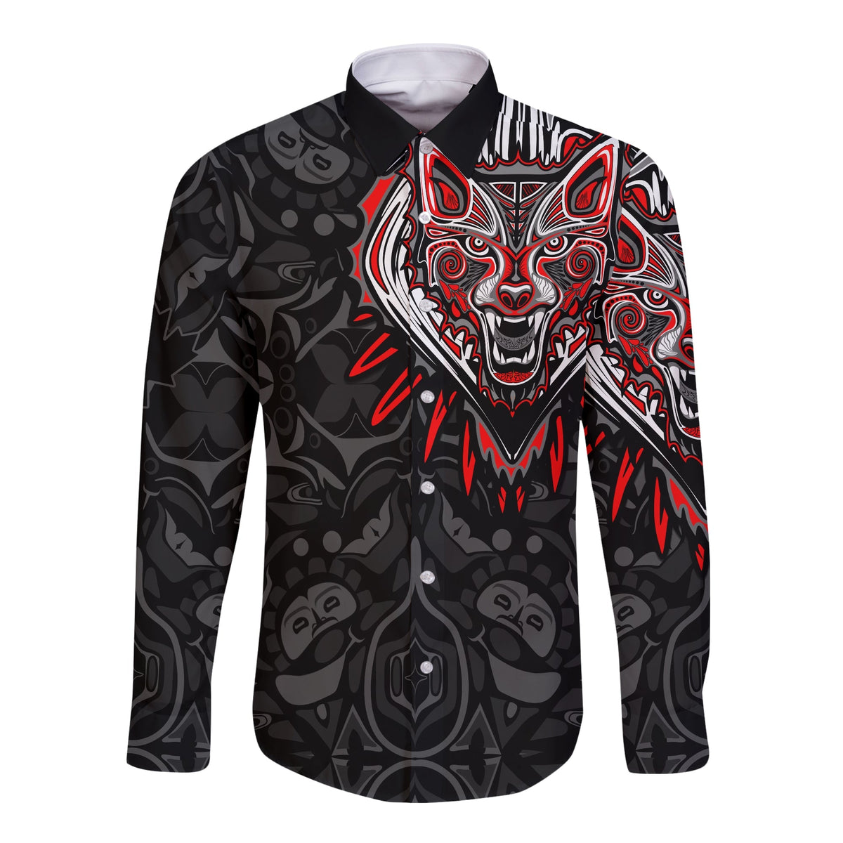 (Custom Personalised) Canada Wolf Long Sleeve Button Shirt Haida and Maple Leaf LT13 - Wonder Print Shop