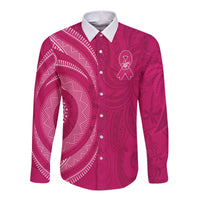 Custom Personalised Breast Cancer Awareness Long Sleeve Button Shirt Hibiscus Polynesian No One Fights Alone LT13 - Wonder Print Shop