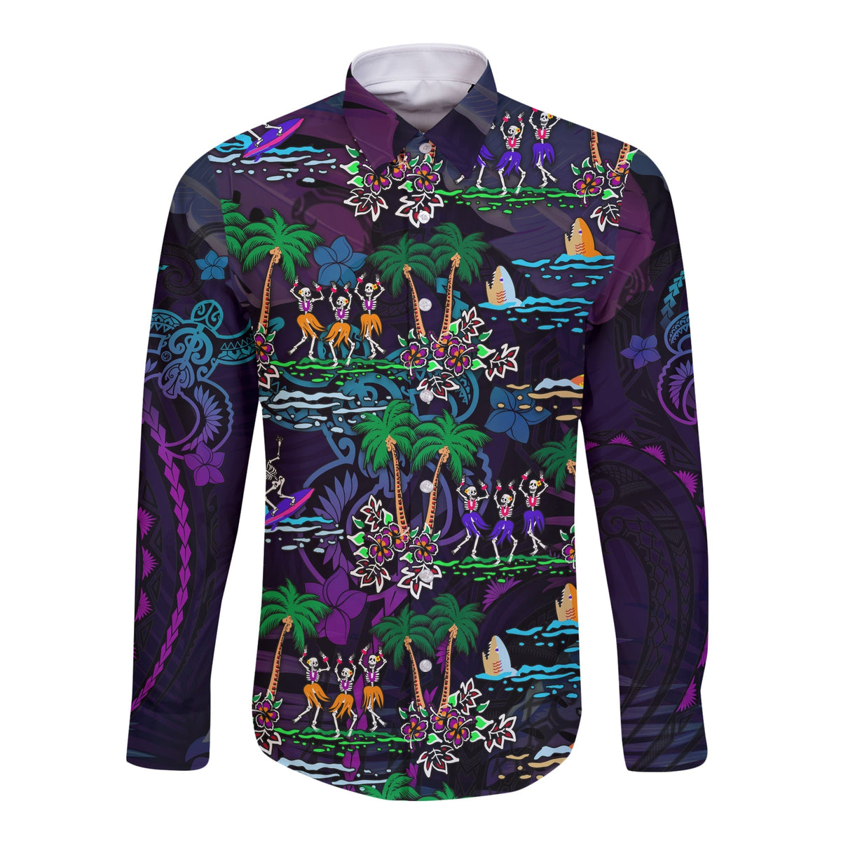 Custom Personalised Hawaii Skeleton Dancing Long Sleeve Button Shirt Halloween Hawaiian Turtle LT13 - Wonder Print Shop