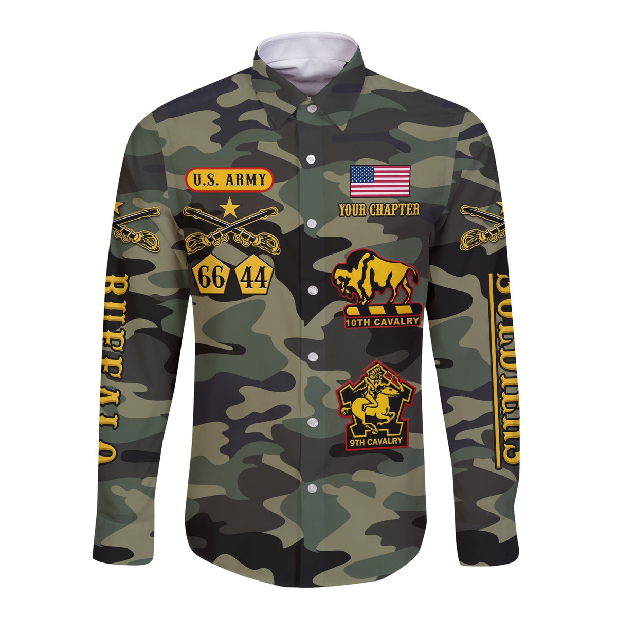 (Custom Text and Chapter) Buffalo Soldiers Long Sleeve Button Shirt Camouflage American Heroes BSMC LT13 - Wonder Print Shop