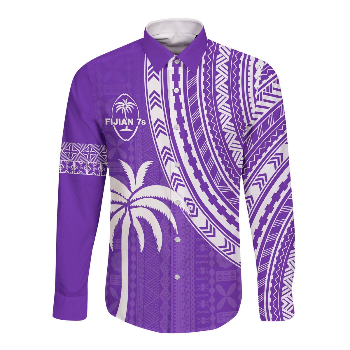 Purple long-sleeve button rugby shirt with white geometric trim, palm print, Fijian 7s badge
