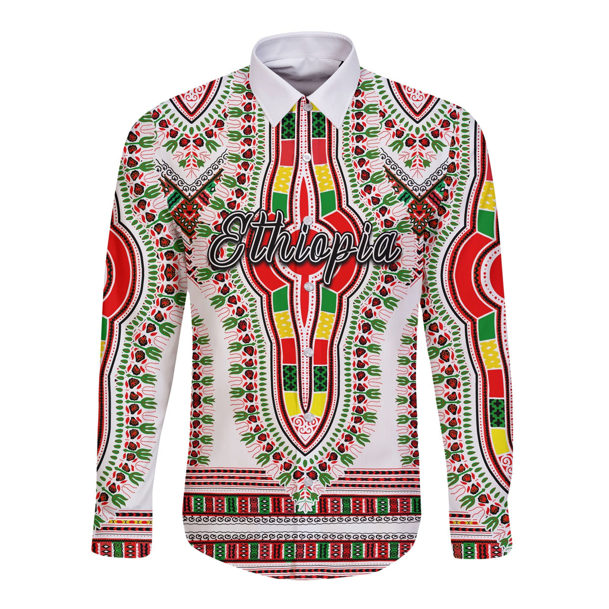 (Custom Personalised) Ethiopia Long Sleeve Button Shirt Dashiki White Style LT6 - Wonder Print Shop