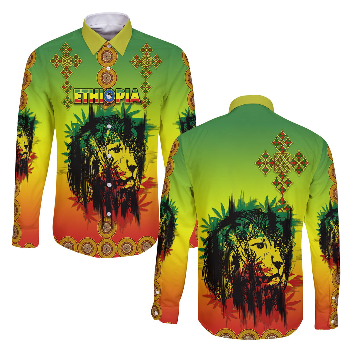 Ethiopia Long Sleeve Button Shirt Cross Mix Lion Colorful Style - Wonder Print Shop