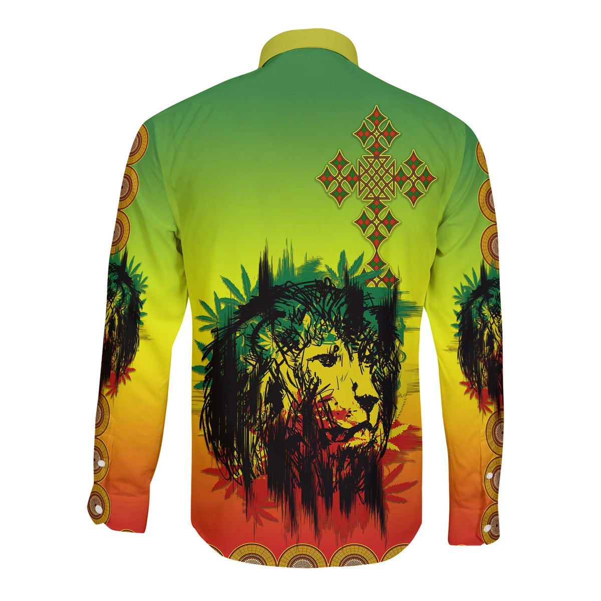 Ethiopia Long Sleeve Button Shirt Cross Mix Lion Colorful Style - Wonder Print Shop