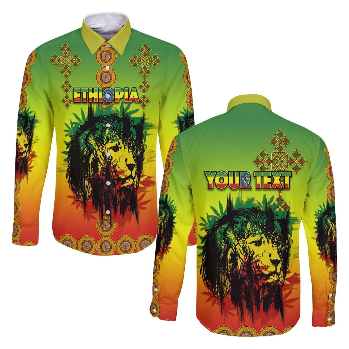 (Custom Personalised) Ethiopia Long Sleeve Button Shirt Cross Mix Lion Colorful Style - Wonder Print Shop