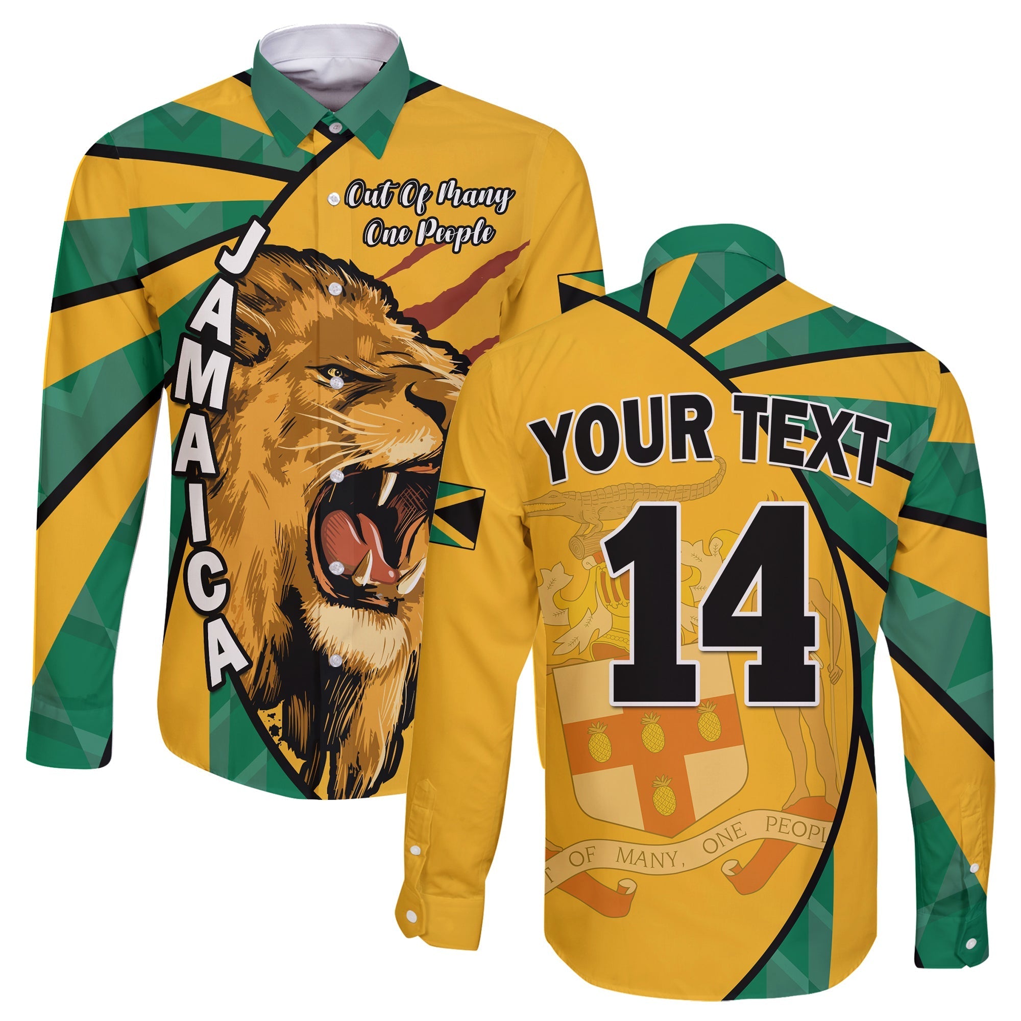 (Custom Text and Number) Jamaica Athletics Long Sleeve Button Shirt Jamaican Flag Mix Lion Sporty Style - Wonder Print Shop