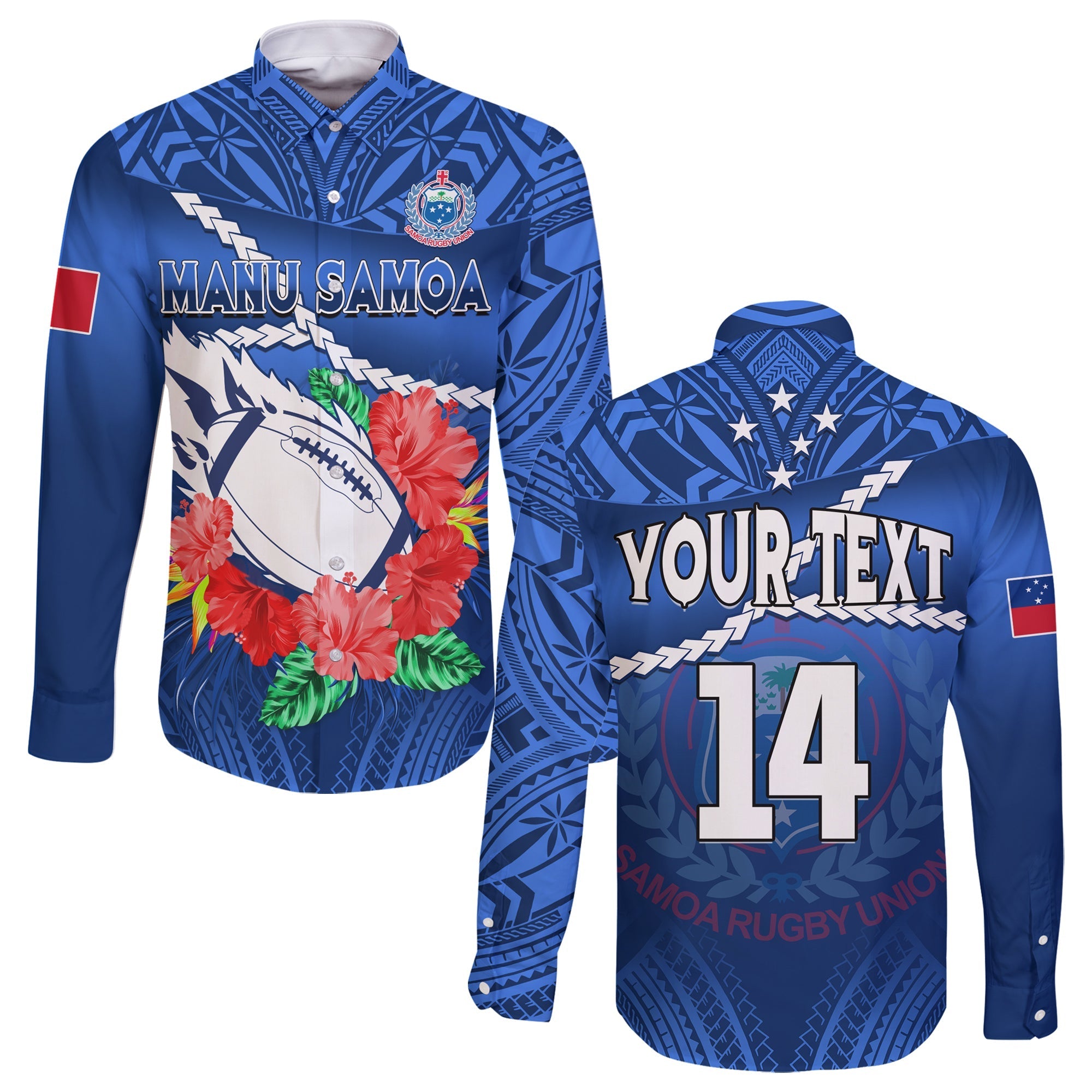 (Custom Text And Number) Samoa Rugby Long Sleeve Button Shirt Manu Samoa Polynesian Hibiscus Blue Style - Wonder Print Shop