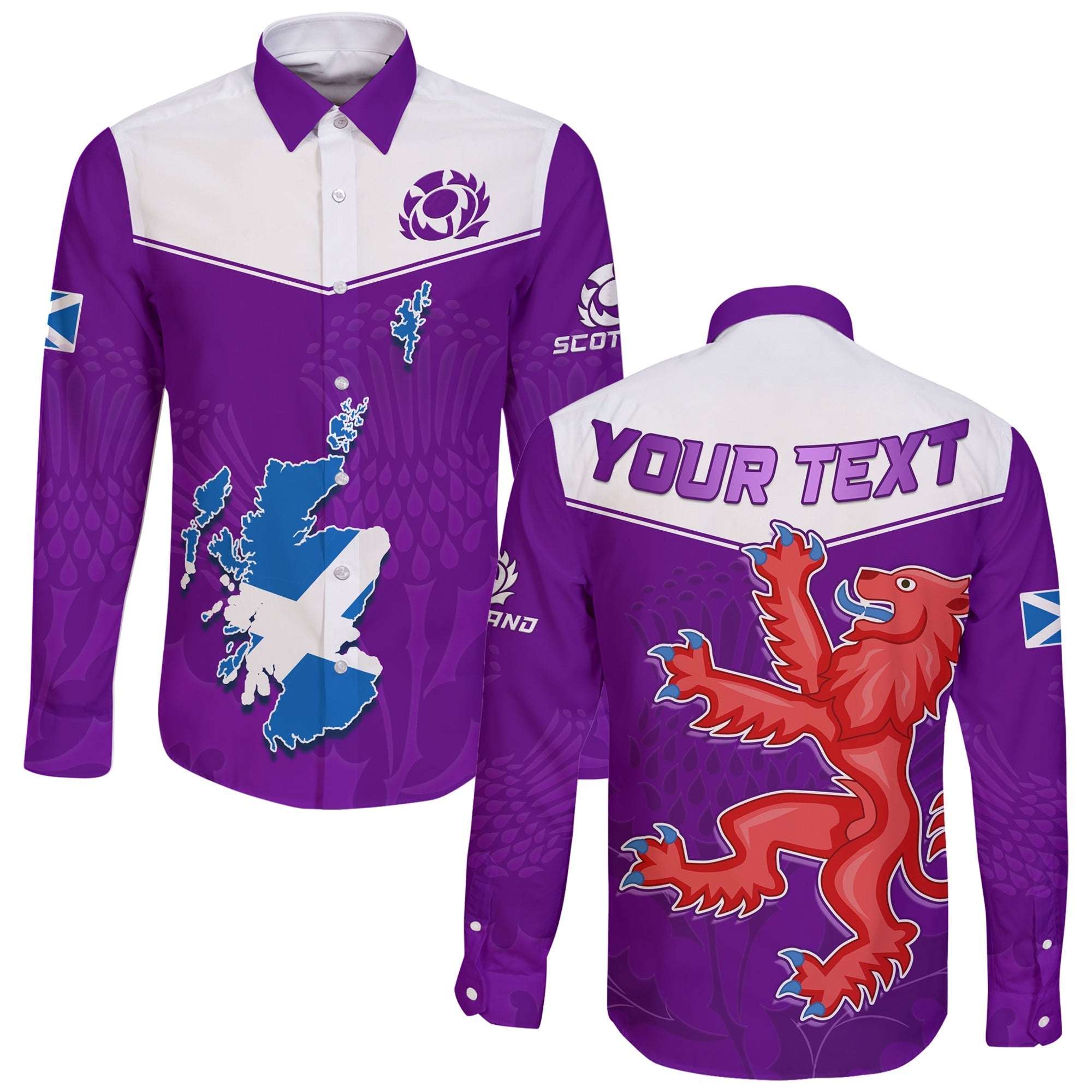 (Custom Personalised) Scottish Rugby Long Sleeve Button Shirt Map Of Scotland Thistle Purple Version - Wonder Print Shop