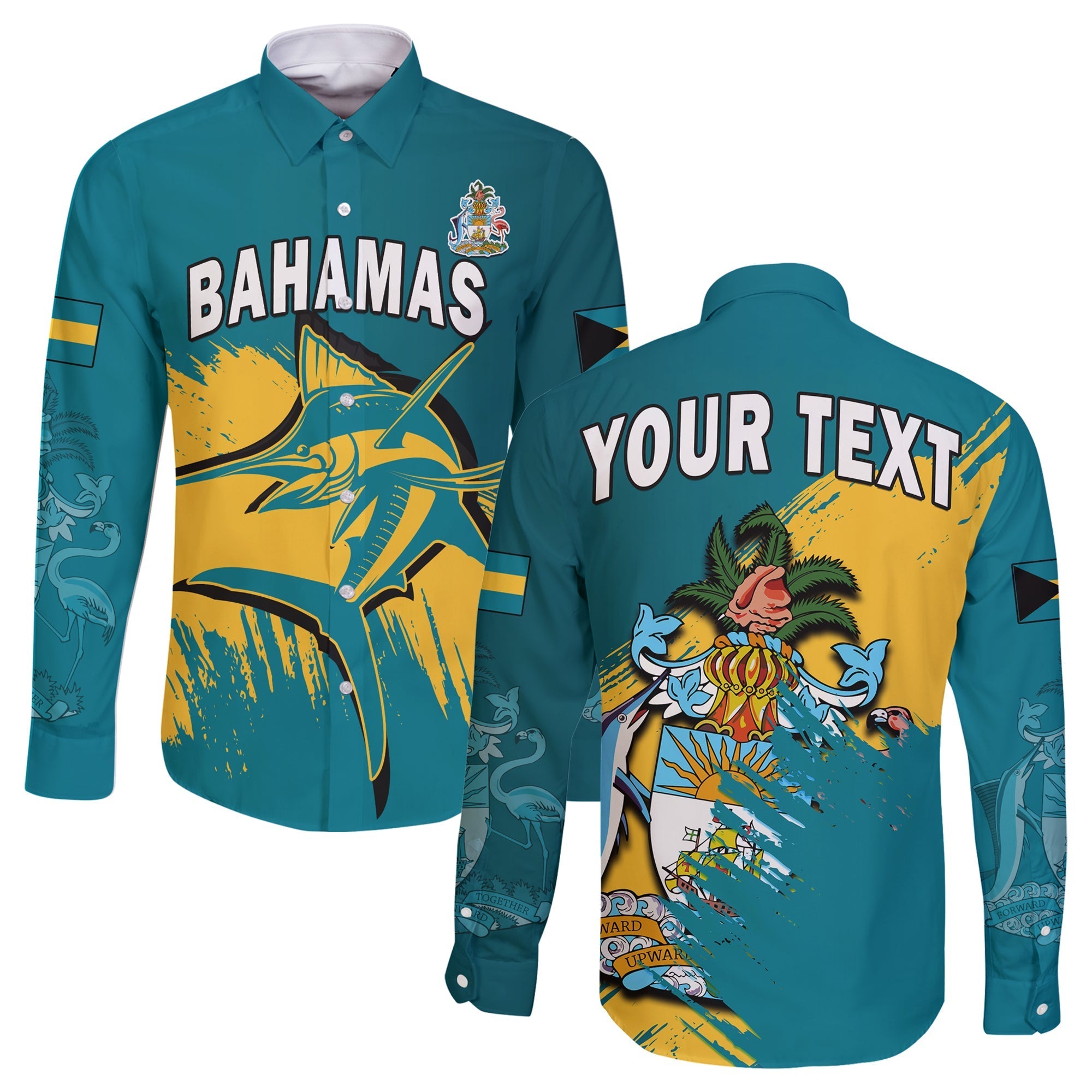 (Custom Personalised) Bahamas Long Sleeve Button Shirt Blue Marlin With Bahamian Coat Of Arms - Wonder Print Shop
