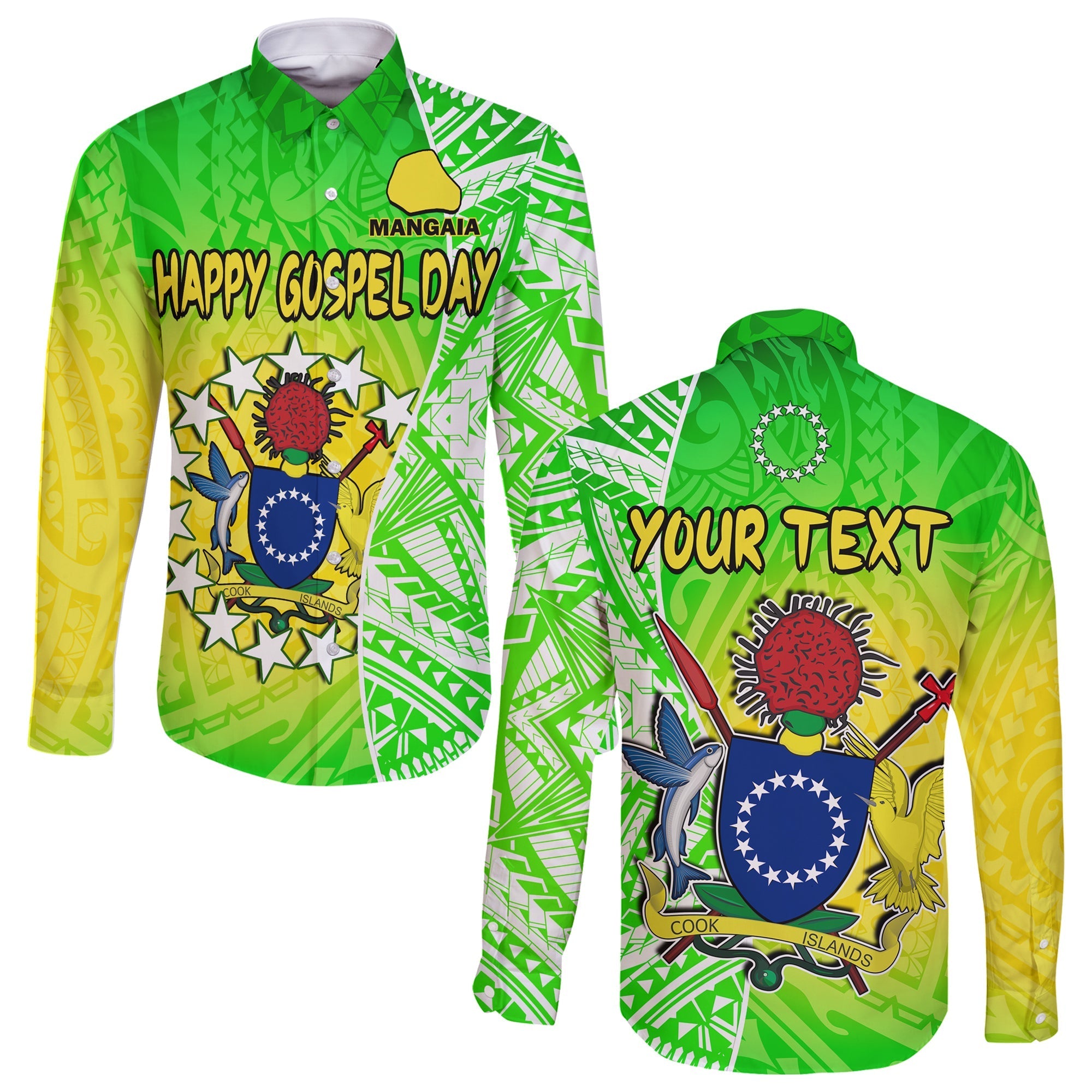 (Custom Personalised) Happy Mangaia Gospel Day Long Sleeve Button Shirt Cook Islands Coat Of Arms Polynesian Pattern - Wonder Print Shop