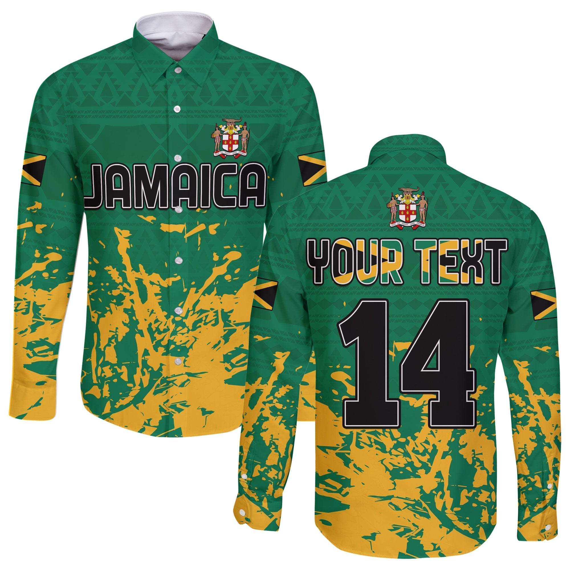 (Custom Text and Number) Jamaica Athletics Long Sleeve Button Shirt Jamaican Flag With African Pattern Sporty Style - Wonder Print Shop