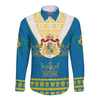 Sweden Long Sleeve Button Shirt Swedish Coat Of Arms With Scandinavian Flowers - Wonder Print Shop