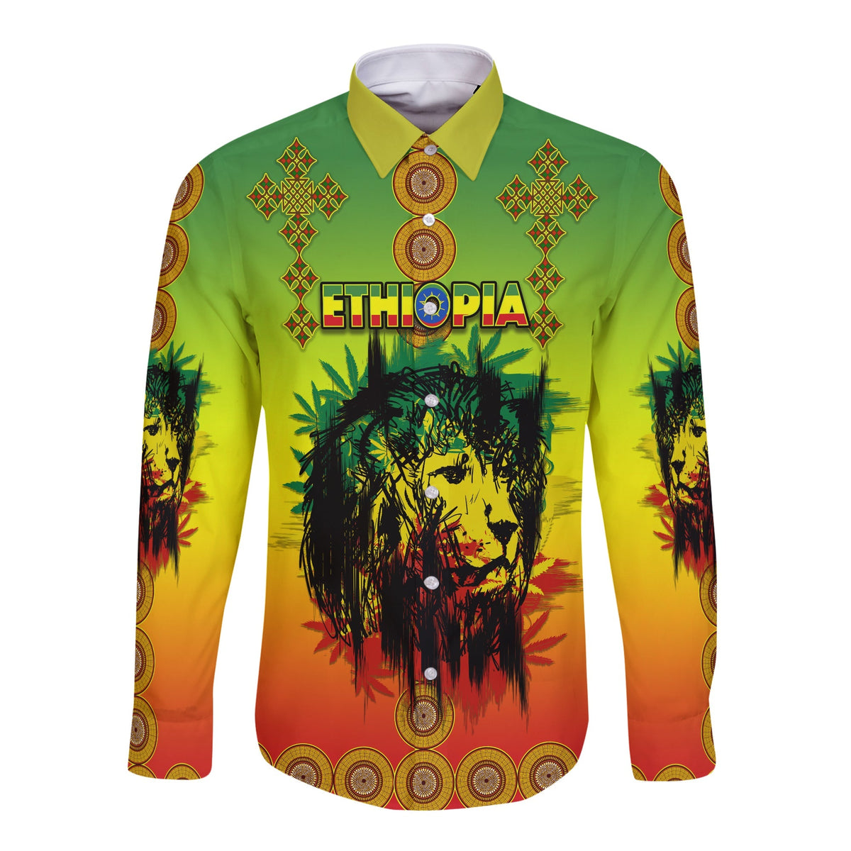 Ethiopia Long Sleeve Button Shirt Cross Mix Lion Colorful Style - Wonder Print Shop