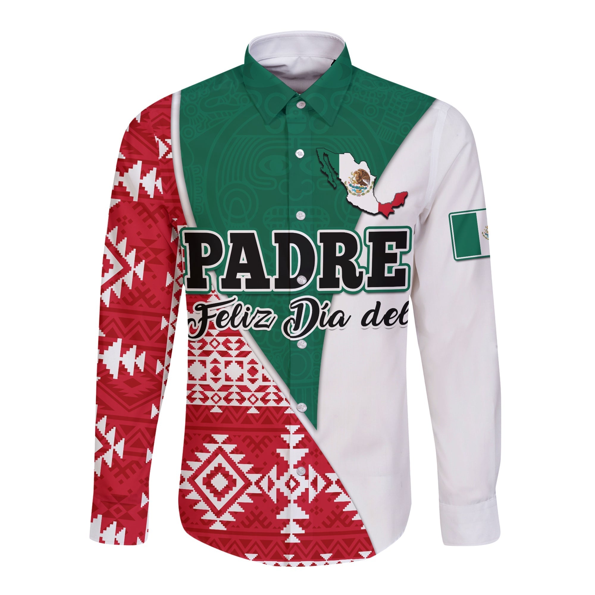 Happy Mexico Fathers Day Long Sleeve Button Shirt Mexican Aztec Pattern - Wonder Print Shop