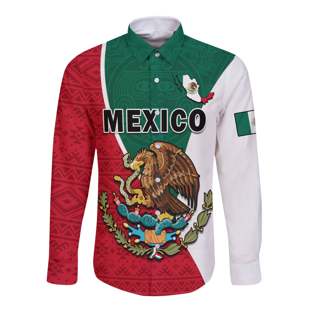 Mexico Long Sleeve Button Shirt Mexican Aztec Pattern - Wonder Print Shop