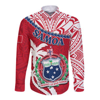 Samoa Long Sleeve Button Shirt Samoan Coat Of Arms With Coconut Red Style - Wonder Print Shop