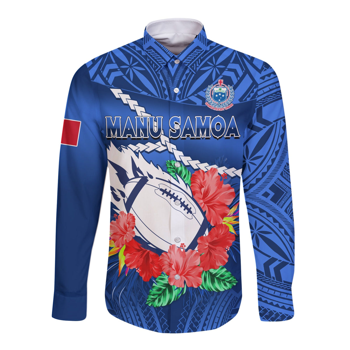 (Custom Text And Number) Samoa Rugby Long Sleeve Button Shirt Manu Samoa Polynesian Hibiscus Blue Style - Wonder Print Shop