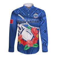 (Custom Text And Number) Samoa Rugby Long Sleeve Button Shirt Manu Samoa Polynesian Hibiscus Blue Style - Wonder Print Shop