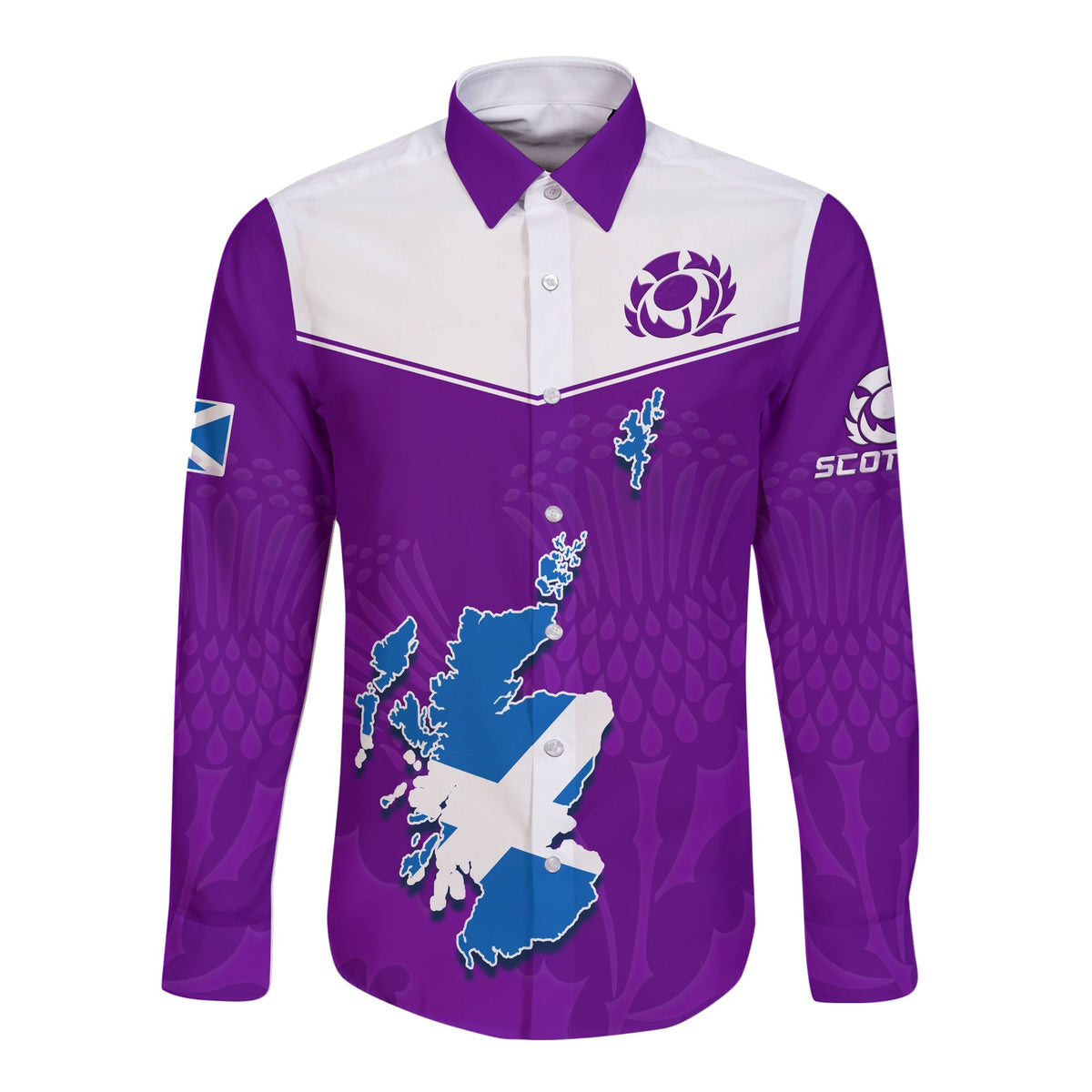 (Custom Personalised) Scottish Rugby Long Sleeve Button Shirt Map Of Scotland Thistle Purple Version - Wonder Print Shop