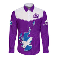 (Custom Personalised) Scottish Rugby Long Sleeve Button Shirt Map Of Scotland Thistle Purple Version - Wonder Print Shop