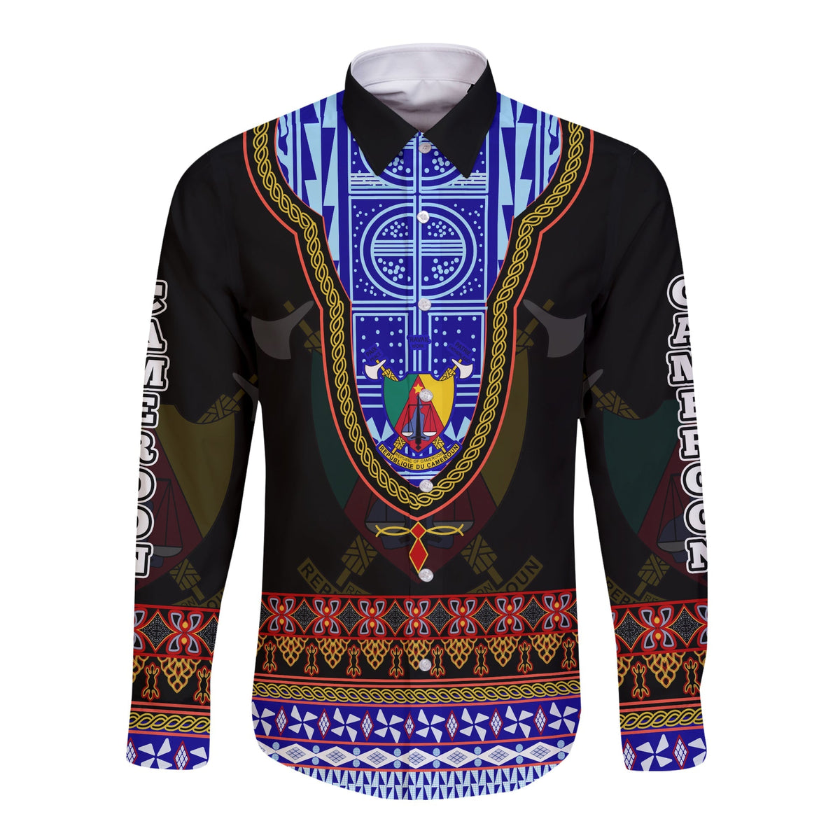 (Custom Personalised) Cameroon Long Sleeve Button Shirt Atoghu Pattern Black Style - Wonder Print Shop