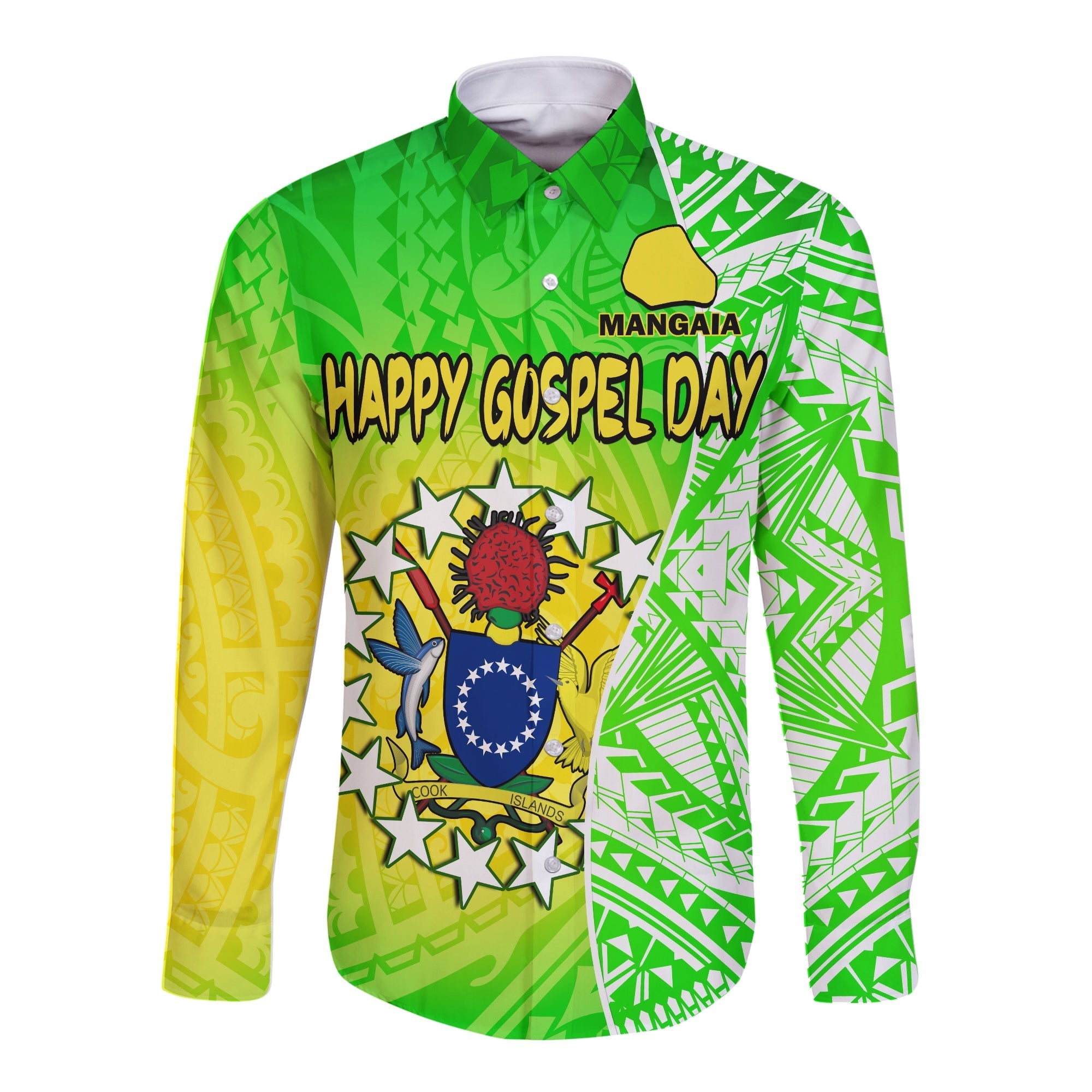 Happy Mangaia Gospel Day Long Sleeve Button Shirt Cook Islands Coat of Arms Polynesian Pattern - Wonder Print Shop